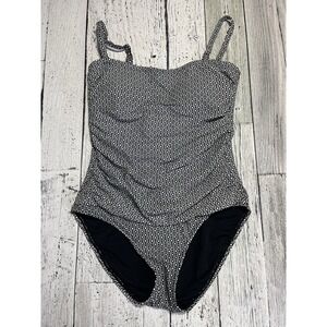DKNY Black & White Geo‎ Shirred Sides One Piece Swimsuit Womens XL Free Shipping